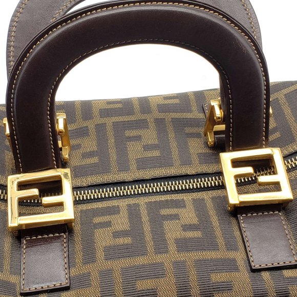 AUTH FENDI ZUCCA BROWN CANVAS LEATHER HAND BAG - Picture 7 of 16